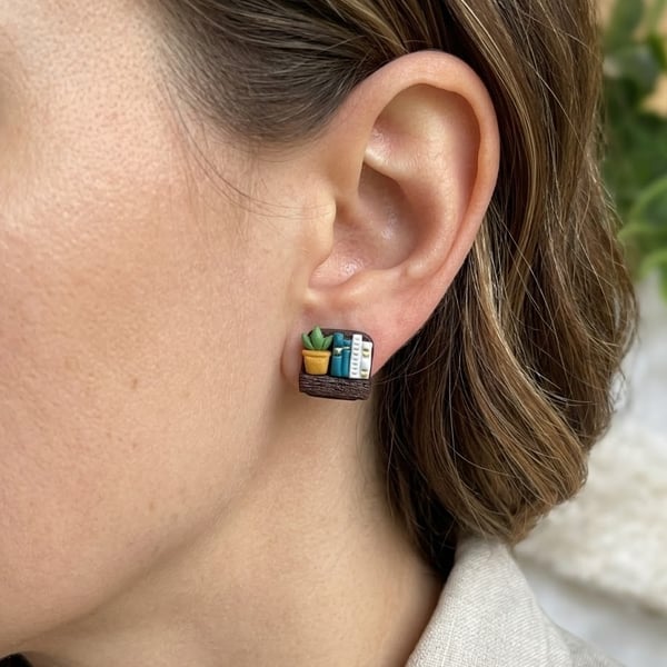 Miniature Bookshelf Earrings, Gift for Book Lover, Tiny Library Earrings