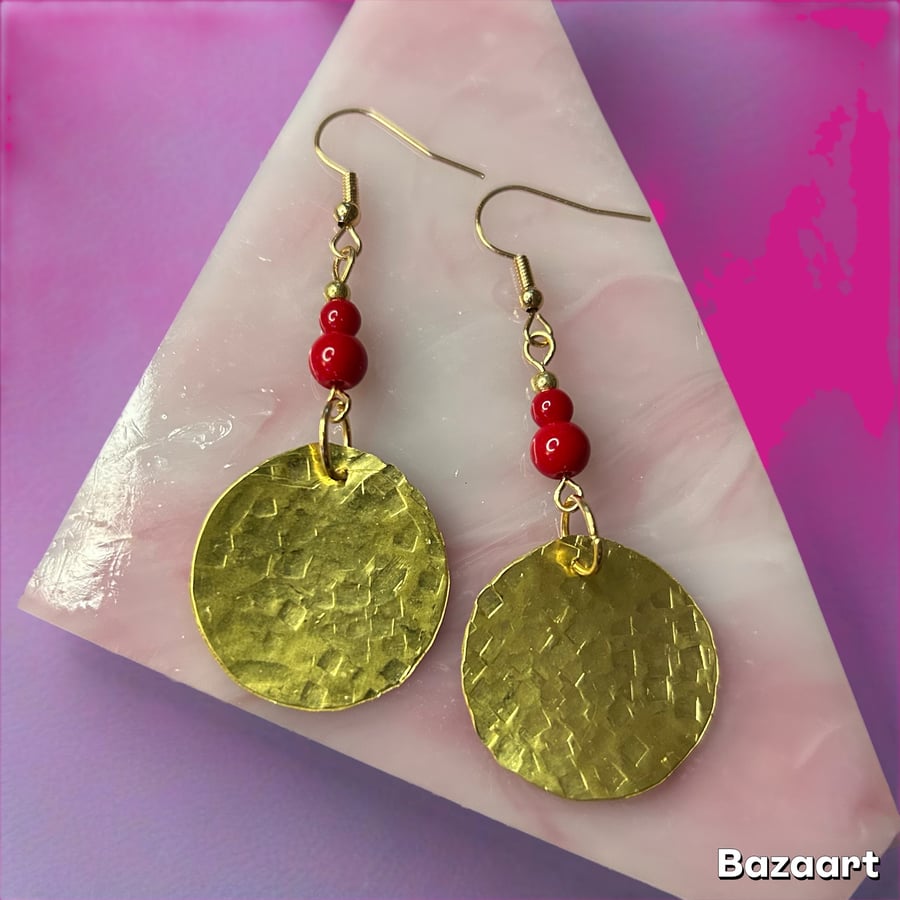 Earrings- Vibrant Red Coral Beads Featuring a Textured Brass Disc - Freepost