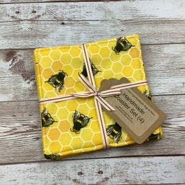 Bees coaster set, Bumble bees fabric coaster set of 4, Handmade