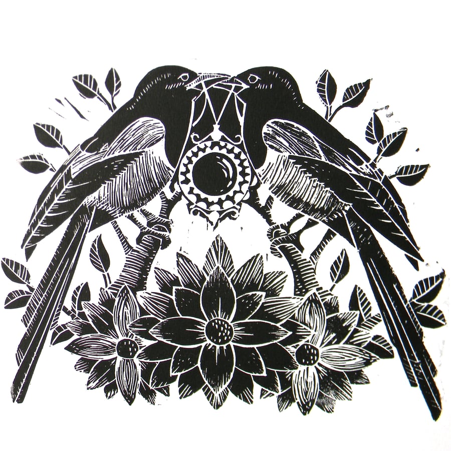  Two for Joy- Magpie Original Linocut Print-Black