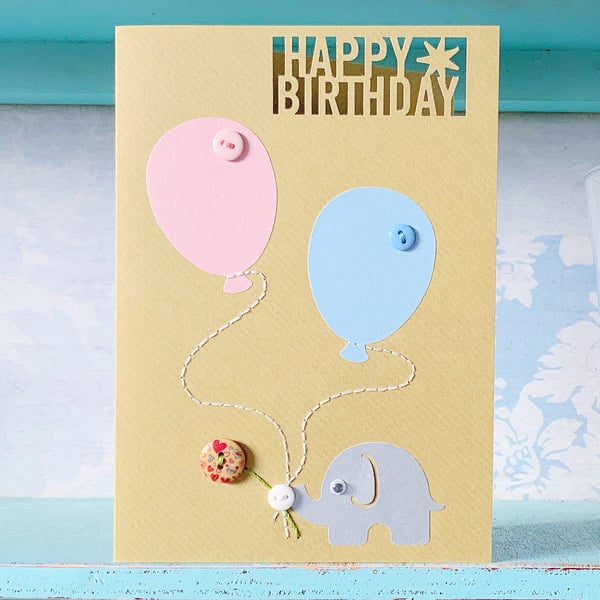Hand Sewn Elephant Card. Balloon Card. Embroidered Card. Stitched Card. Buttons.