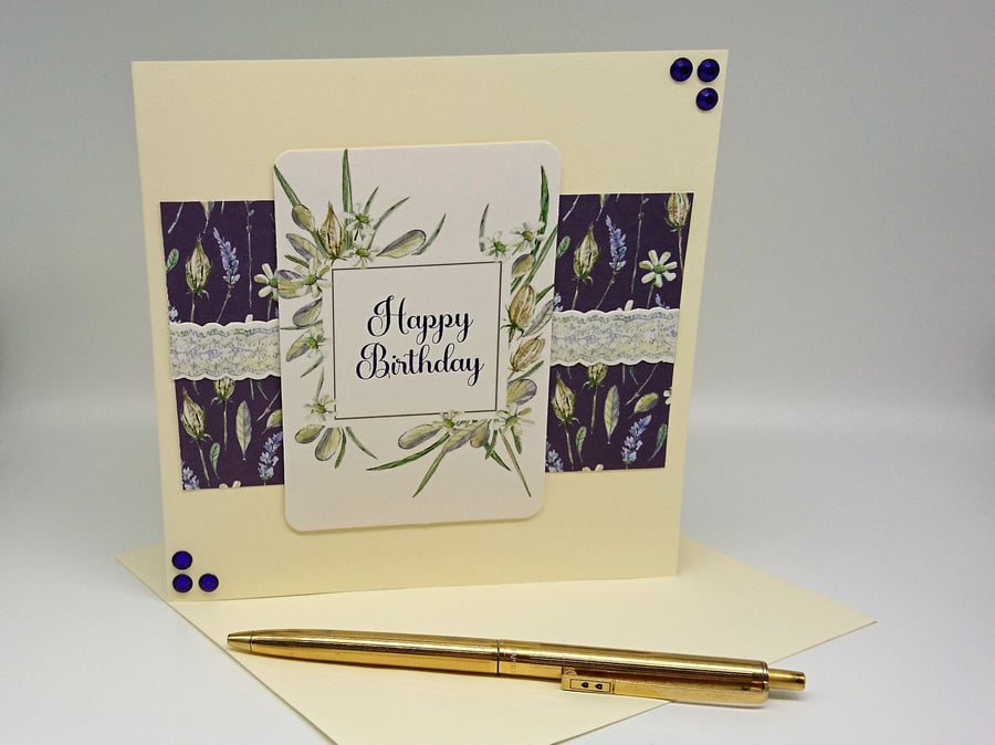 Happy Birthday Handmade Card with Calming Lavender, Daisies and Grasses FREE P&P