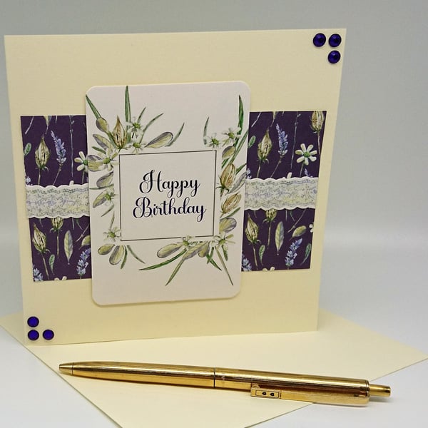Happy Birthday Handmade Card with Calming Lavender, Daisies and Grasses FREE P&P