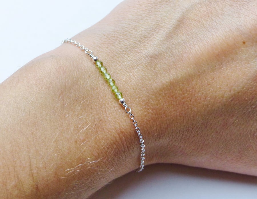Dainty Peridot bead bar sterling silver adjustable bracelet, August birthstone