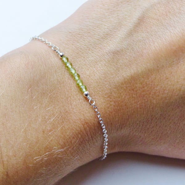 Dainty Peridot bead bar sterling silver adjustable bracelet, August birthstone