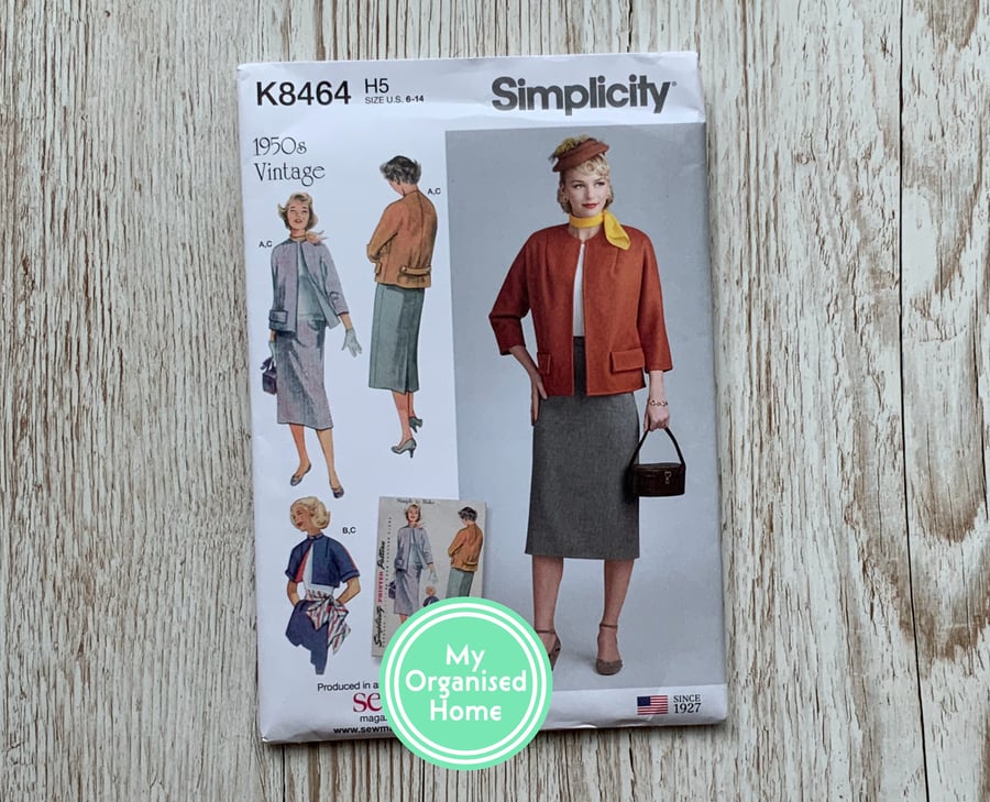 Simplicity 8464 sewing pattern, sizes 6-14, misses jackets & skirt, retro