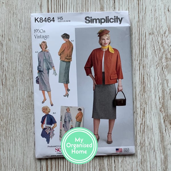 Simplicity 8464 sewing pattern, sizes 6-14, misses jackets & skirt, retro