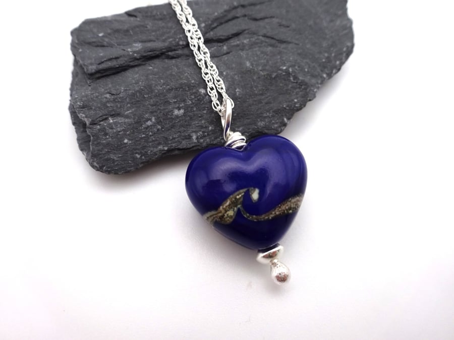blue lampwork glass heart pendant necklace