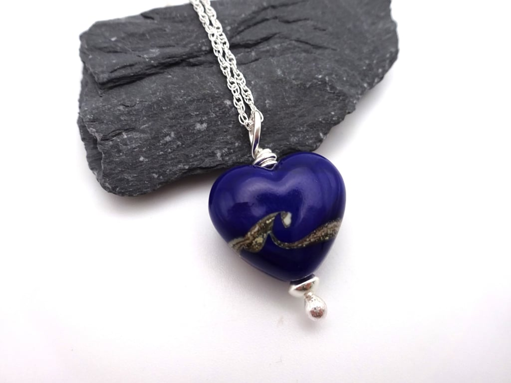 blue lampwork glass heart pendant necklace