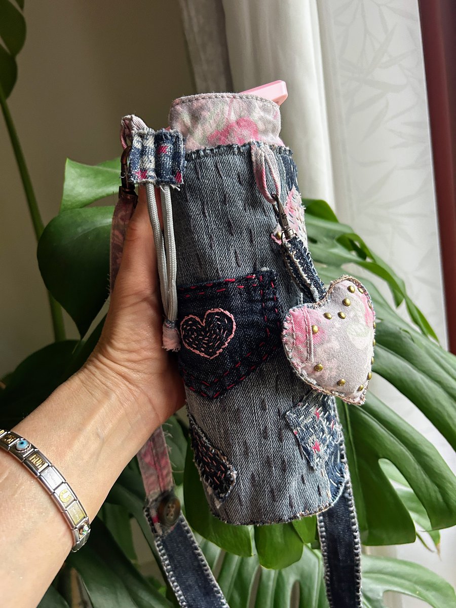 Upcycled Denim Bottle Holder Handmade Bottle Bag With Keyring