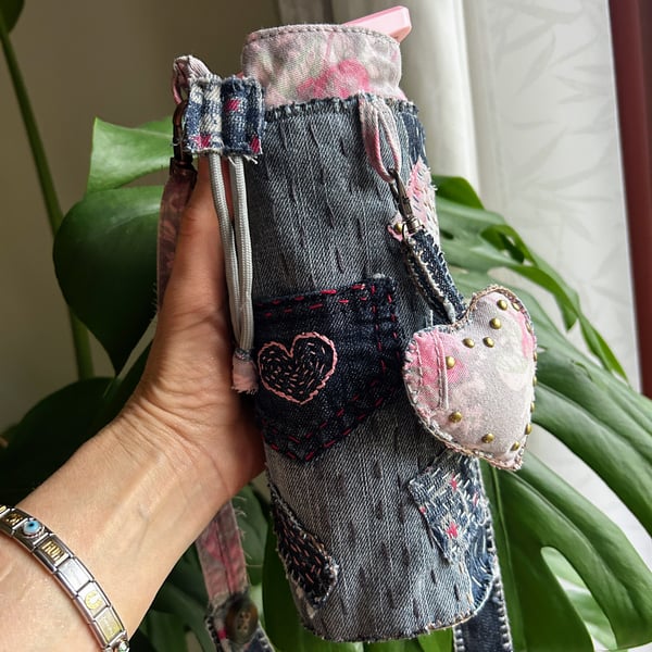 Upcycled Denim Bottle Holder Handmade Bottle Bag With Keyring