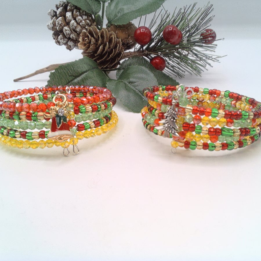 5 Strand Beaded Memory Wire Cuff Bracelets, Christmas Bracelets, Cuff Bracelets