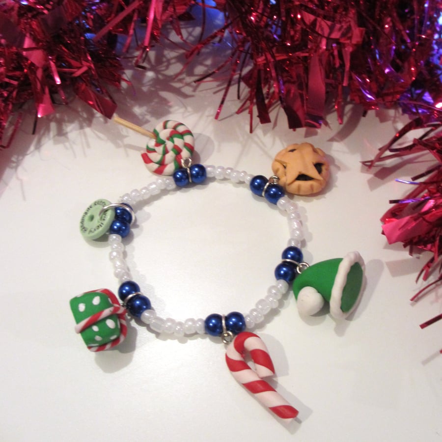 SALE -Retro Christmas themed charm bracelet WHITE BEADS handmade, unique,quirky,