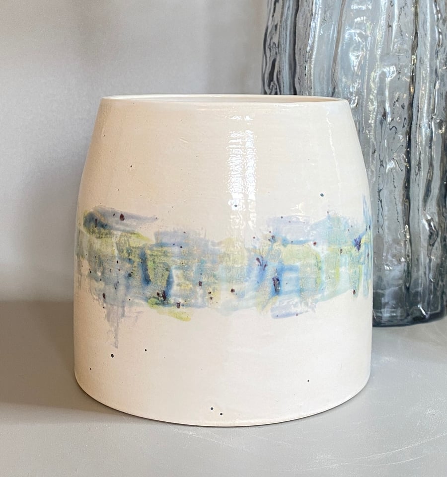 Ceramic wheel thrown decorative pot, with organic hand painted design in shades 