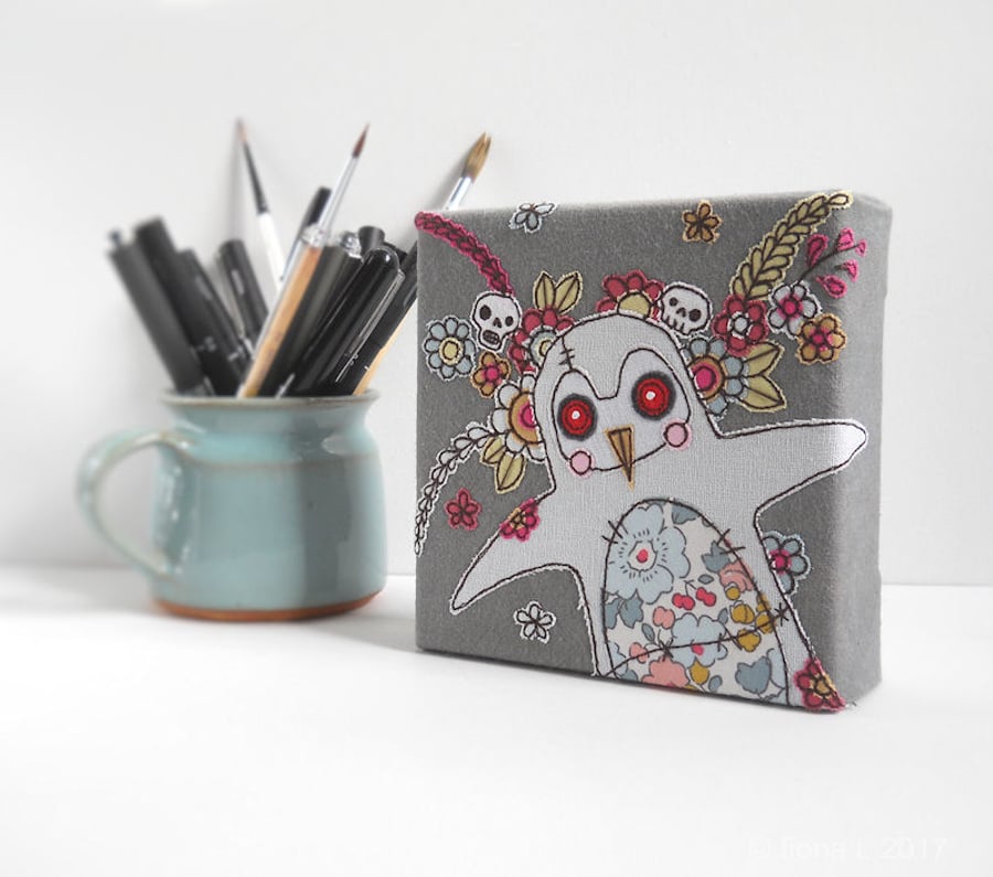 original embroidered floral zombie penguin textile art