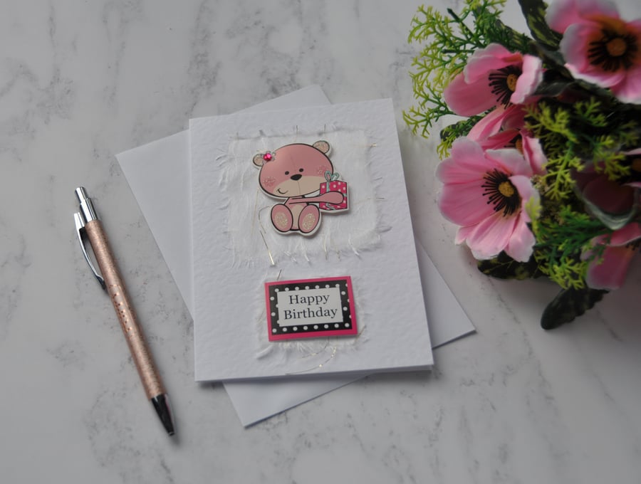 Happy Birthday Card Cute Teddy Bear Pink Gift Polka Dot 3D Luxury Handmade Card
