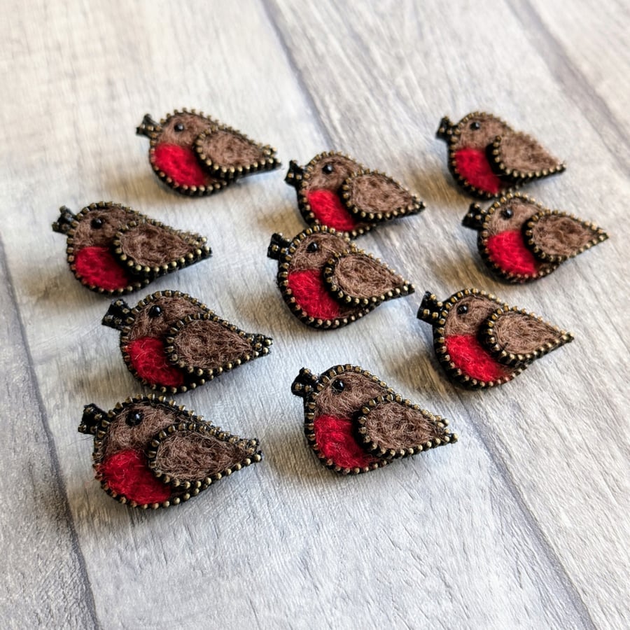 Hand Felted Robin Pin Badge With Zip Edge Outline