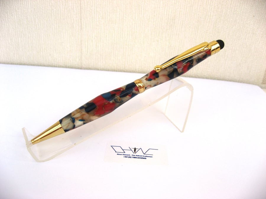 Multi Coloured Acrylic Ball Point Stylus Pen with Velvet Pouch. Hand Made