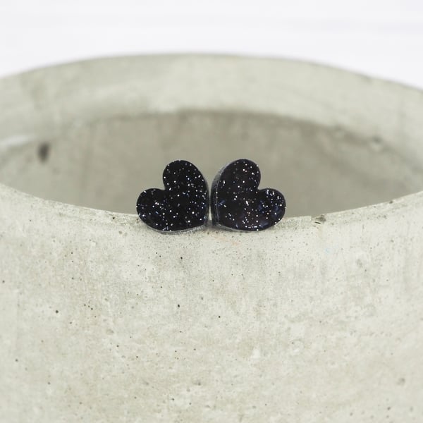 Black glitter small heart studs, Hypoallergenic titanium posts