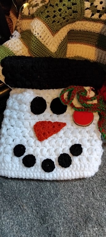 Handmade Crochet Christmas Snowman Stocking Bag