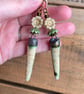 Artisan Ceramic Spike Earrings with Czech Glass Flowers. Cream, Bronze & Green - Image 2