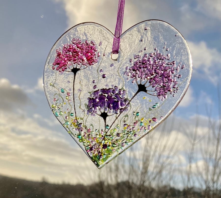 Floral Love heart fused glass hanging sun catcher