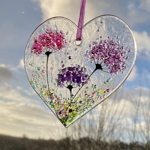 Floral Love heart fused glass hanging sun catcher
