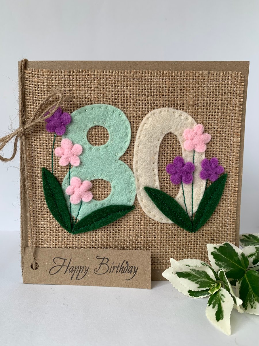 80th Handmade Birthday Card from wool felt. Keepsake Card. Textile card.
