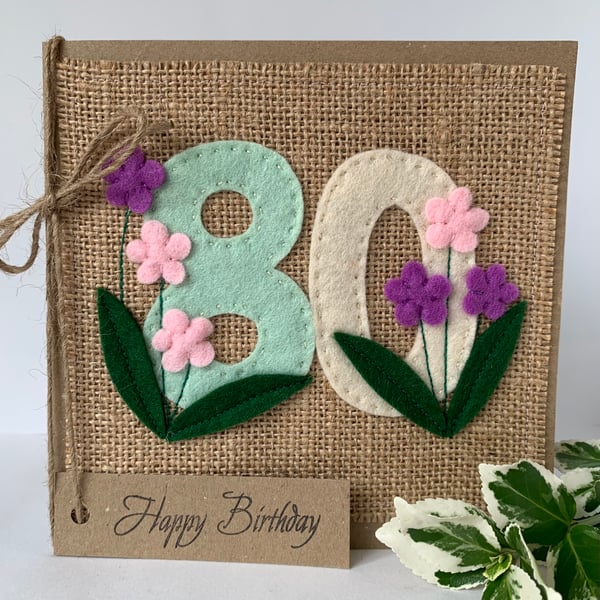 80th Handmade Birthday Card from wool felt. Keepsake Card. Textile card.