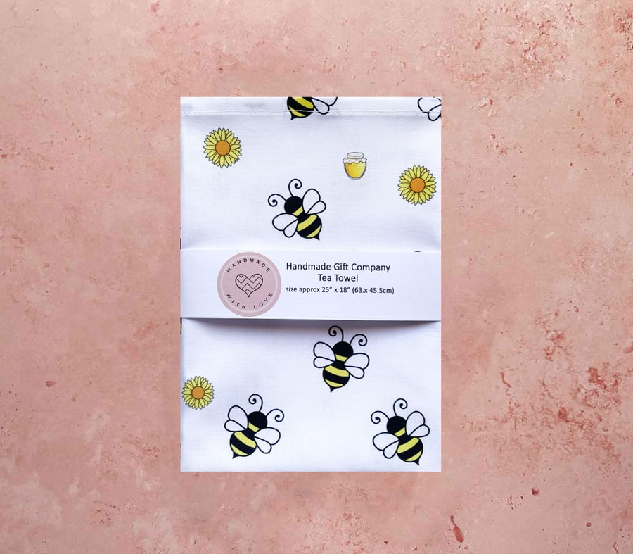 Fabric Handmade Pretty Cotton Tea Towel with a Honeypot Bee Design