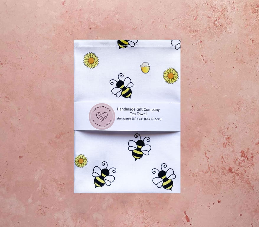 Fabric Handmade Pretty Cotton Tea Towel with a Honeypot Bee Design