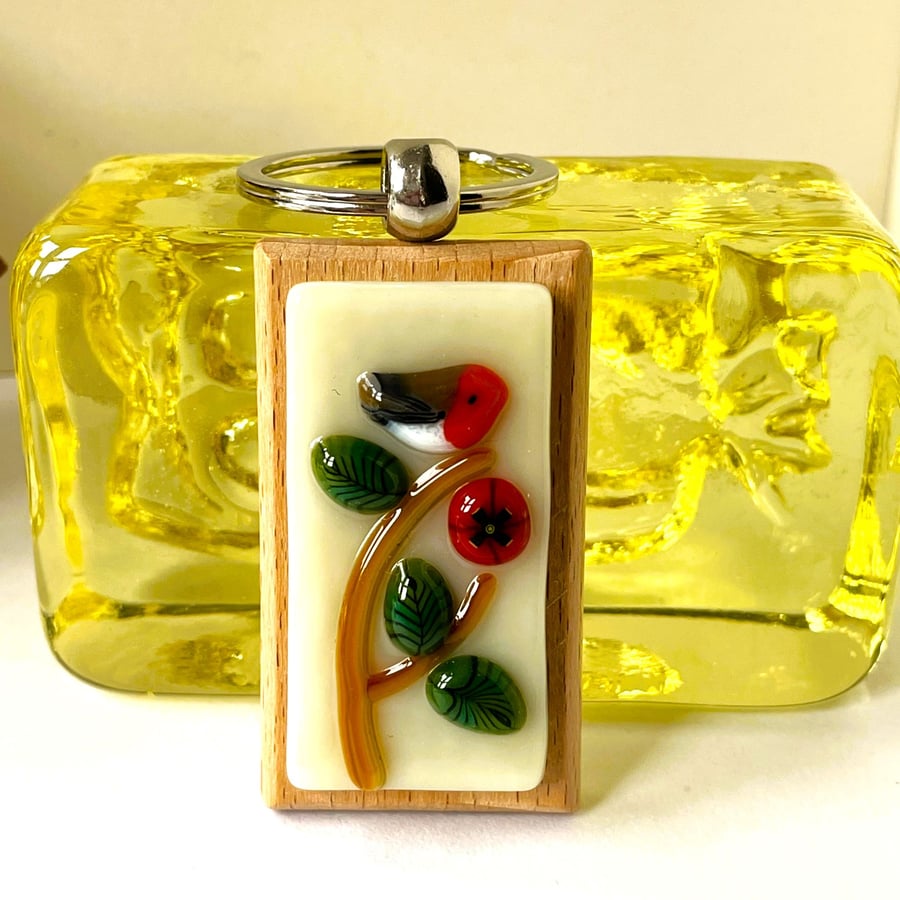 Poppy and Robin fused glass keyring, bag charm