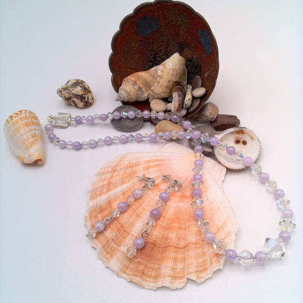 Angelite and Vintage Acrylic Bicone Beaded Necklace and Earrings, Gift for Her