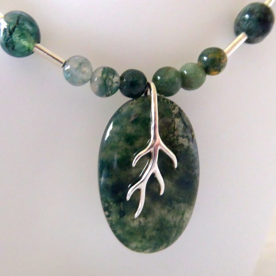 Moss Agate Necklace with Sterling & Fine Silver 