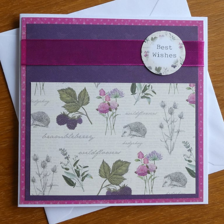 Best Wishes Card - Botanical Style Flowers and Hedgehogs, Birthday, Get Well