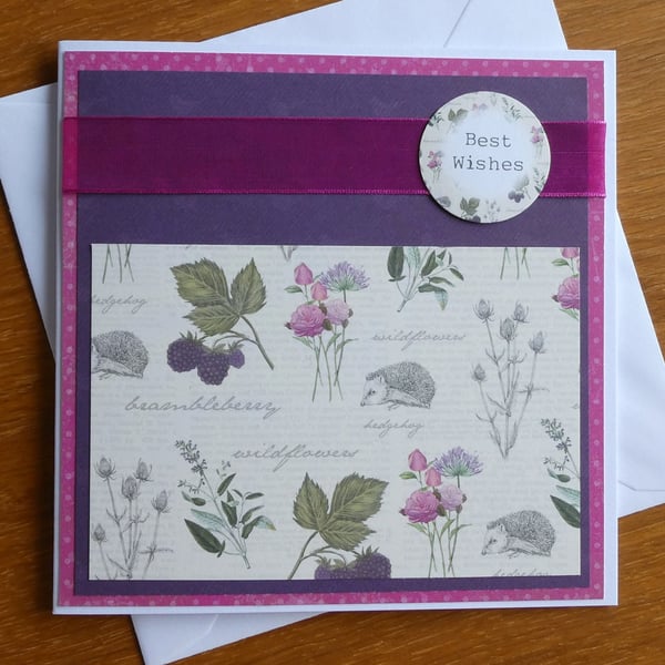Best Wishes Card - Botanical Style Flowers and Hedgehogs, Birthday, Get Well