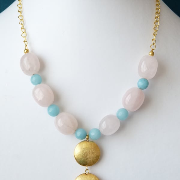 Blue Quartize & Rose Quartz Pendant Necklace  - Genuine Gemstone 