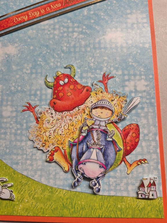 Childs brave knight and monster birthday greetings card 