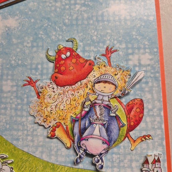 Childs brave knight and monster birthday greetings card 