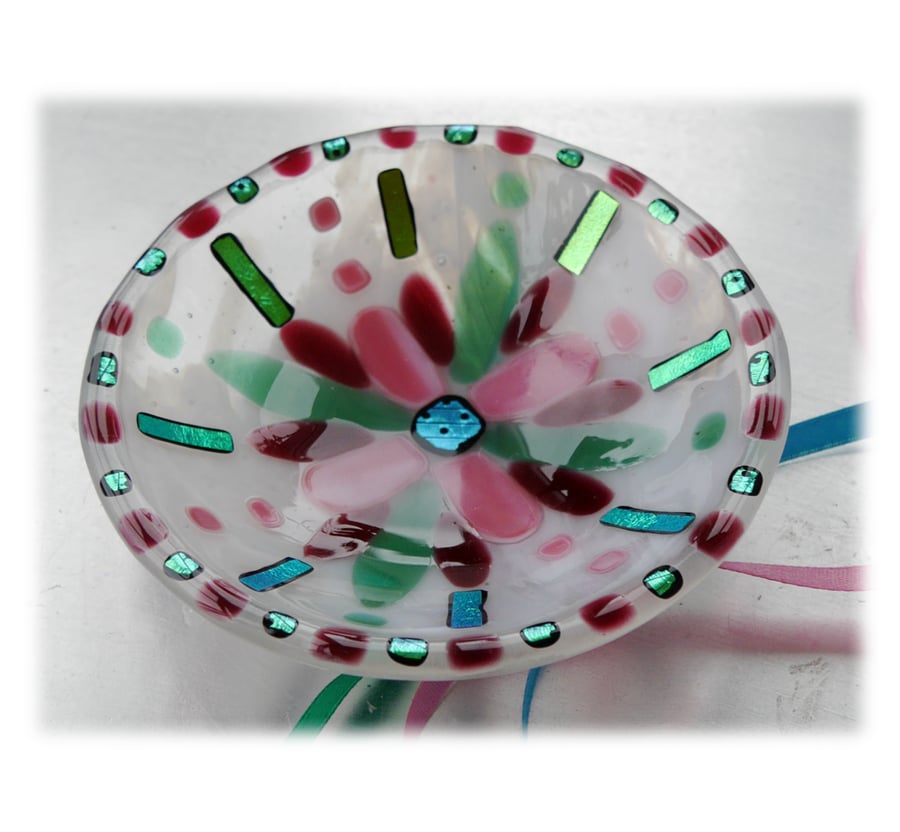 Fused Glass Bowl Round 12.5cm White pink flower Dichroic 039
