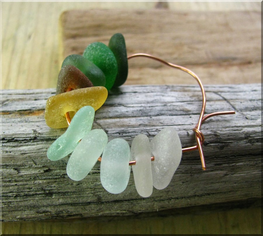 10 Natural sea glass beads, middle drilled, supplies (15)