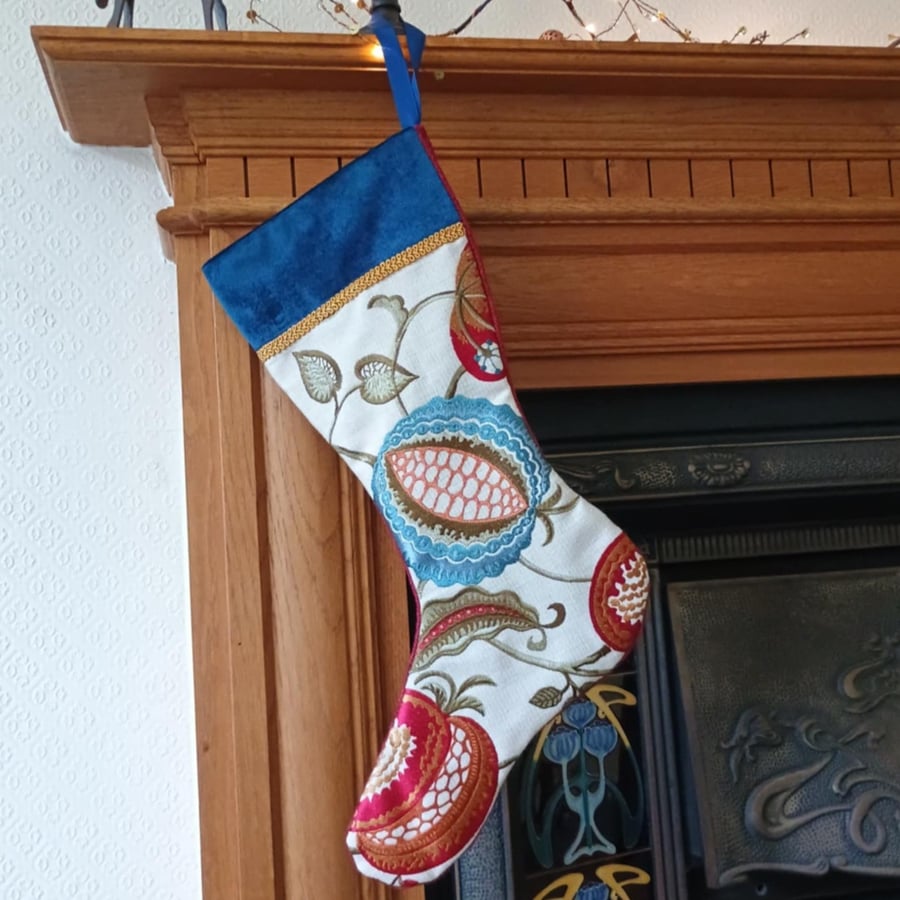 Luxury Christmas Stocking - Red Blue Gold Crewel upcycled vintage zero waste