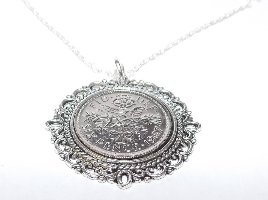 Fancy Pendant 1967 Lucky sixpence 54th Birthday plus a Sterling Silver 24in Chai