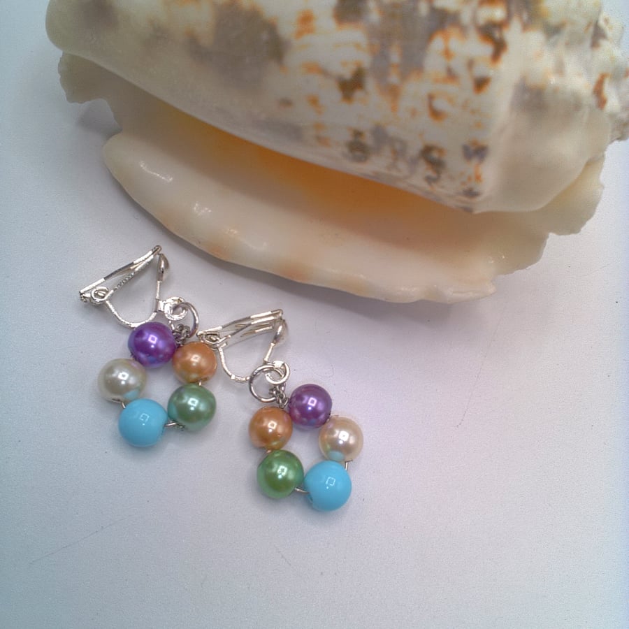 Mixed Colour Pearl Silver Plated Clip On Earrings, Gift for Her, Pearl Earrings