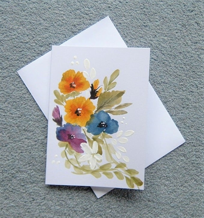 original art mixed floral hand painted watercolour greetings card ( ref f 217)