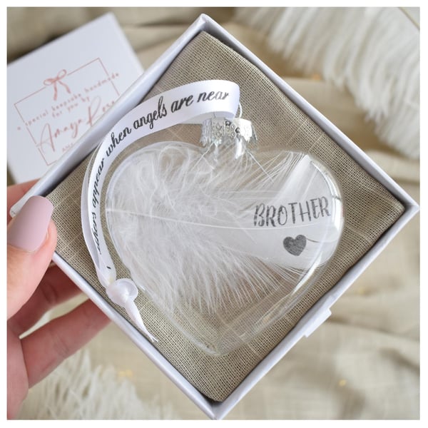 Brother Memorial Feather Bauble, In Memory of Brother, Heart Glass Christmas Orn