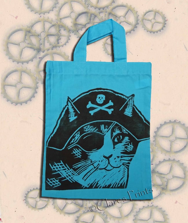Pirate Cat Tote Hand Printed Mini Tote Shopping Bag