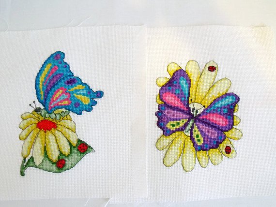 two bright stylized butterfly cross stitches for bedroom, craft room or nursery
