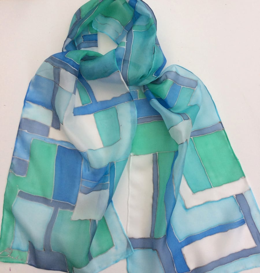 Blue and turquoise  hand painted silk scarf