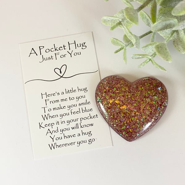 Rose Gold Glitter Resin Pocket Hug Heart & Card